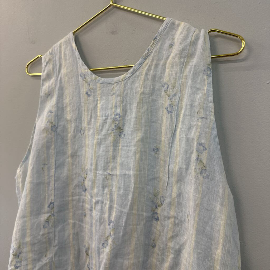 Flax Blue Striped Flower Print Sleeveless Button Front Top Large