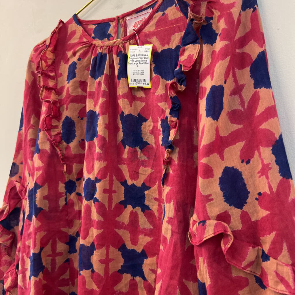 Banjanan Pink/ Blue Print Long Sleeve Top Large