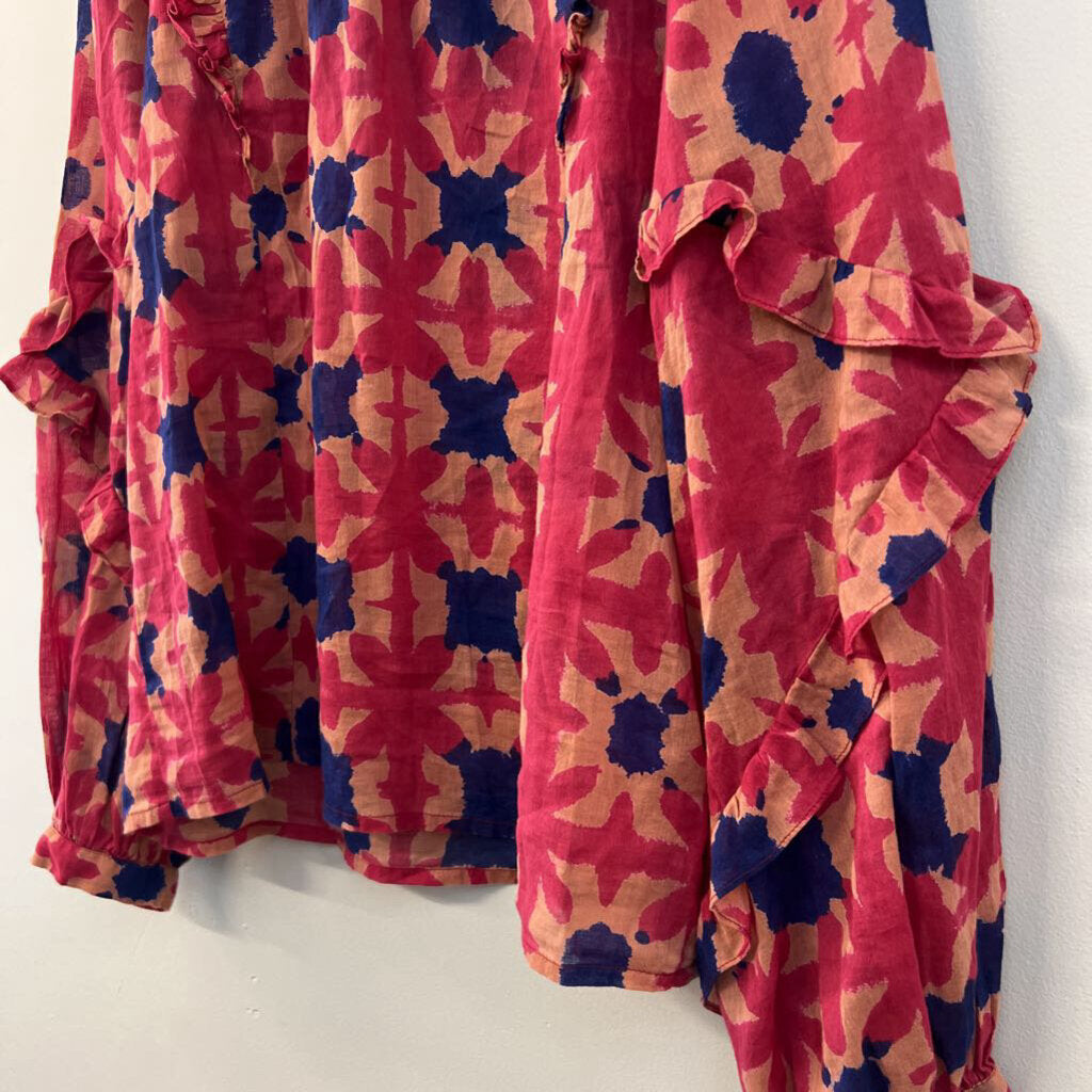 Banjanan Pink/ Blue Print Long Sleeve Top Large