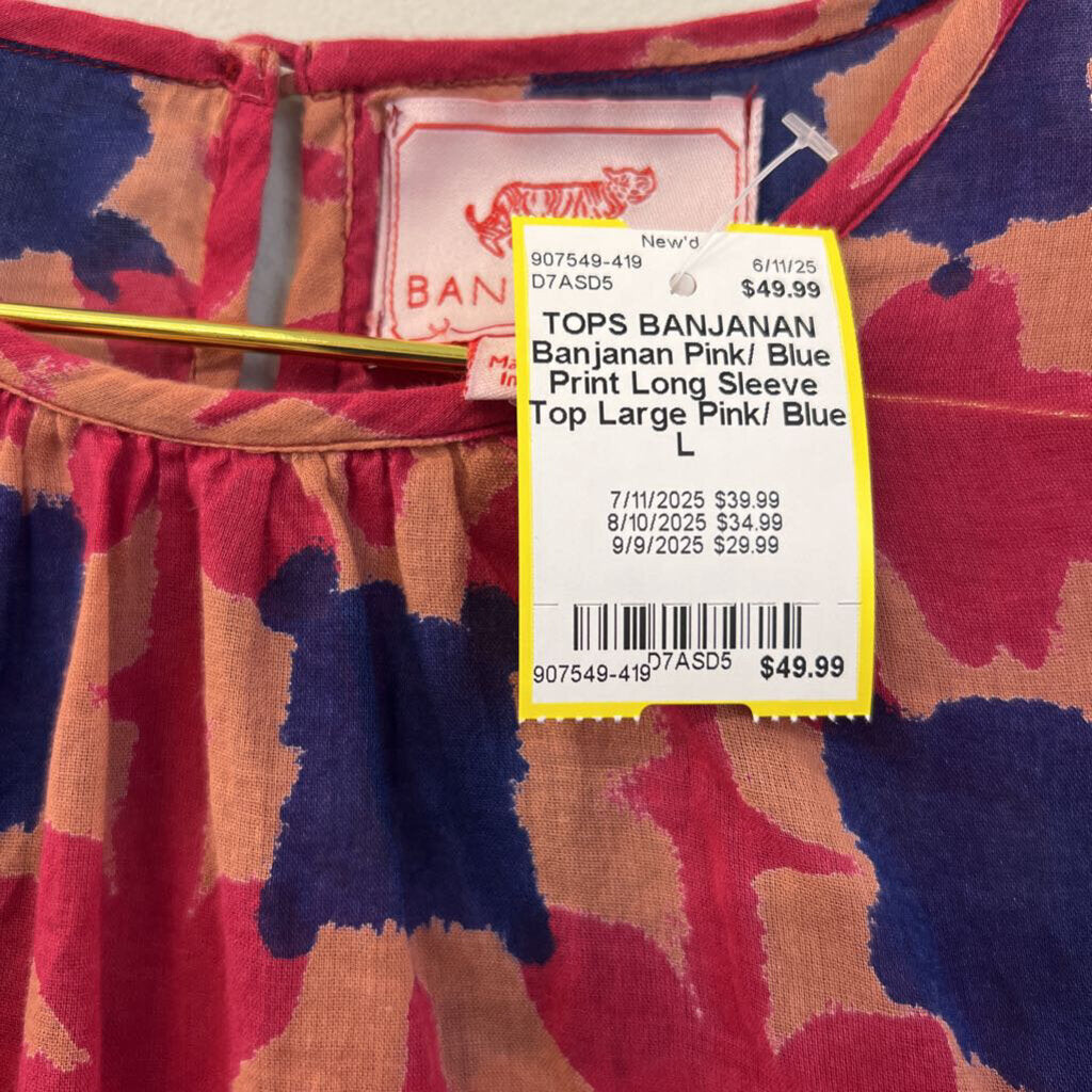 Banjanan Pink/ Blue Print Long Sleeve Top Large