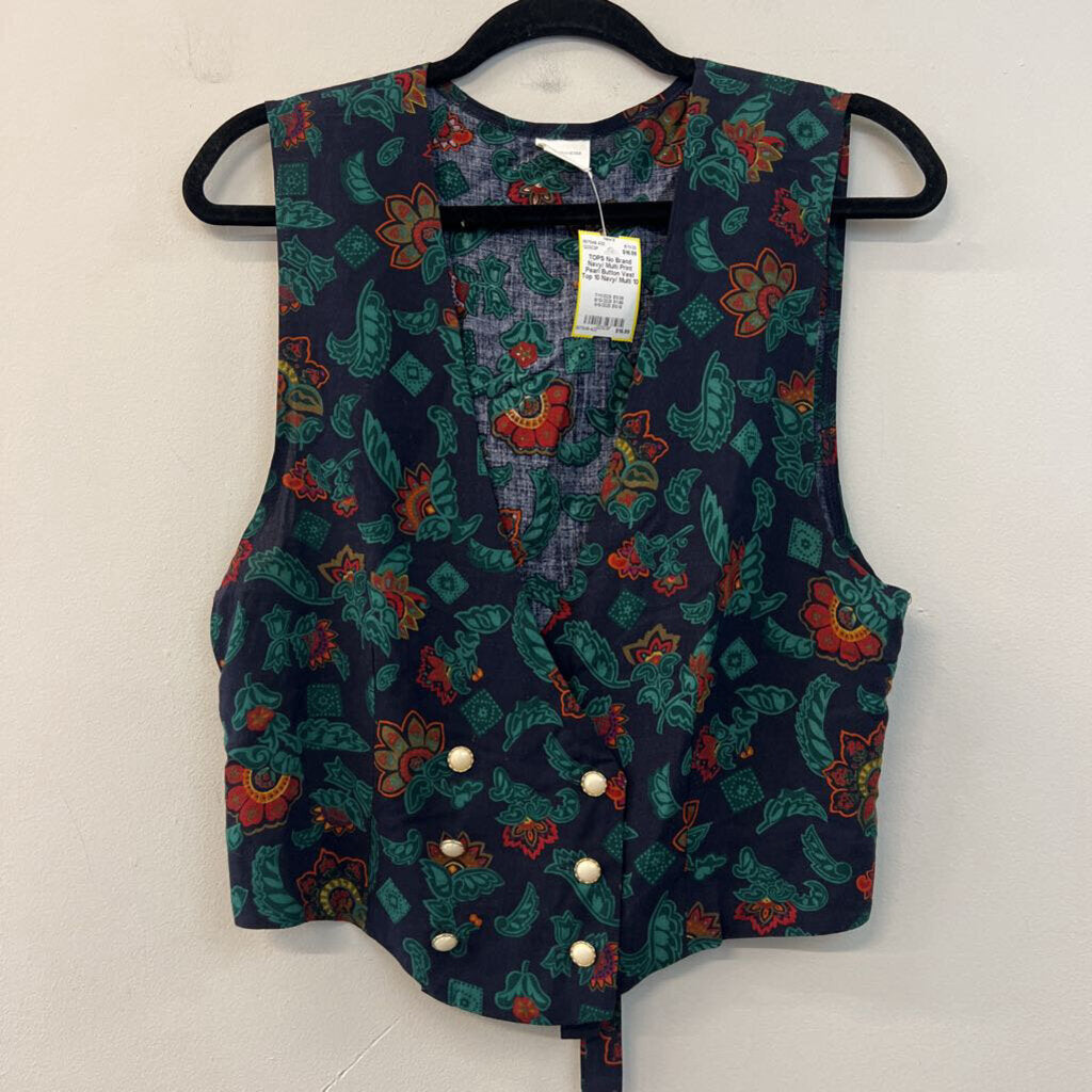 Navy/ Multi Print Pearl Button Vest Top 10
