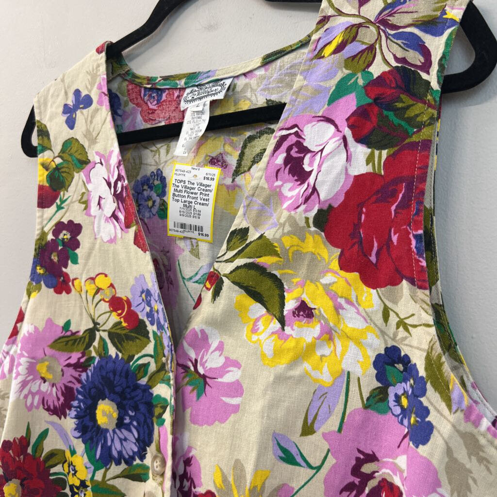The Villager Cream/ Multi Flower Print Button Front Vest Top Large