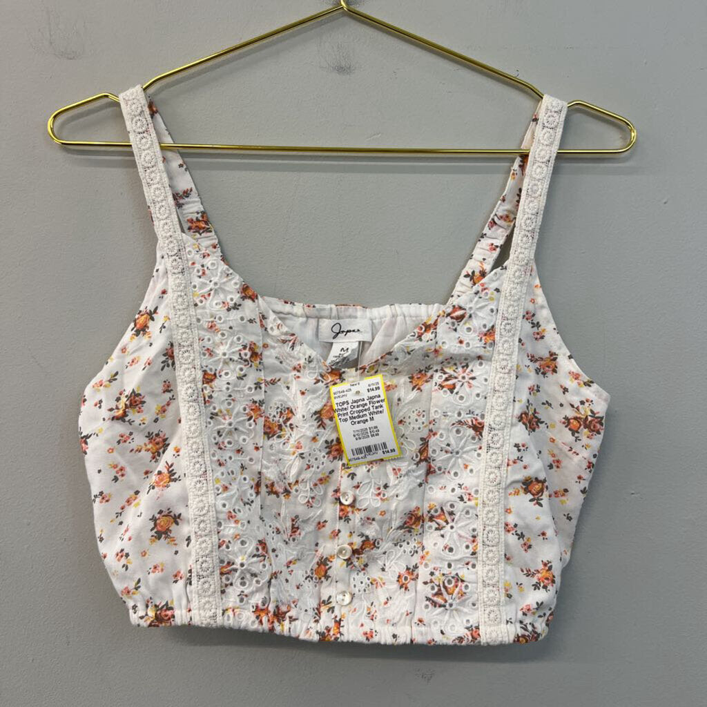 Japna White/ Orange Flower Print Cropped Tank Top Medium