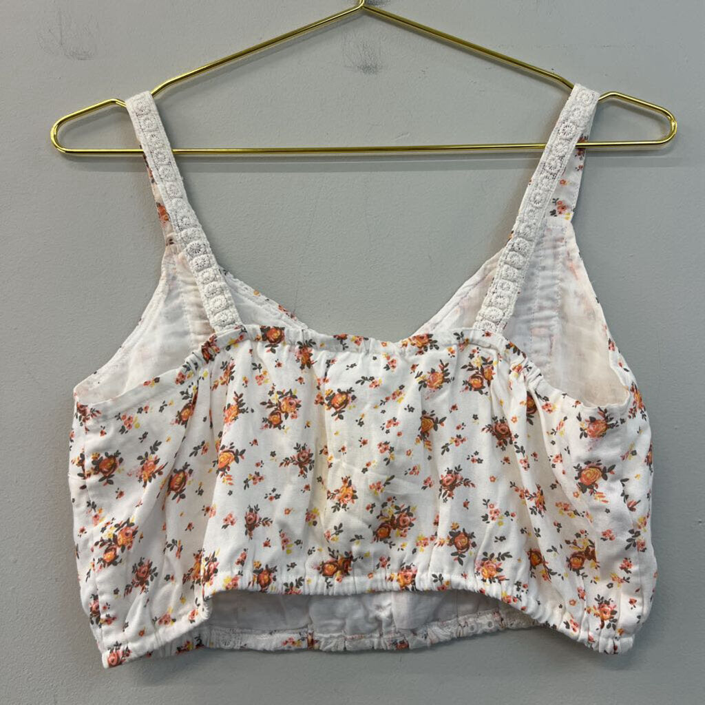Japna White/ Orange Flower Print Cropped Tank Top Medium