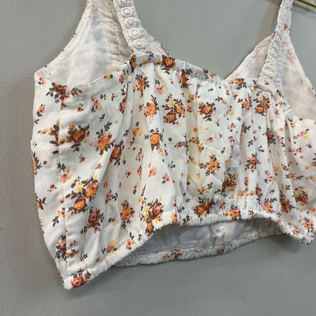 Japna White/ Orange Flower Print Cropped Tank Top Medium