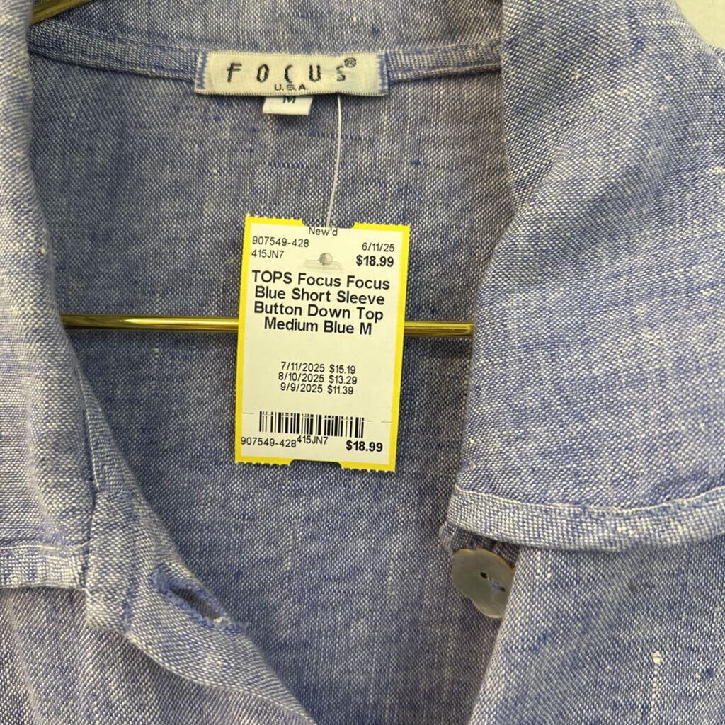 Focus Blue Short Sleeve Button Down Top Medium