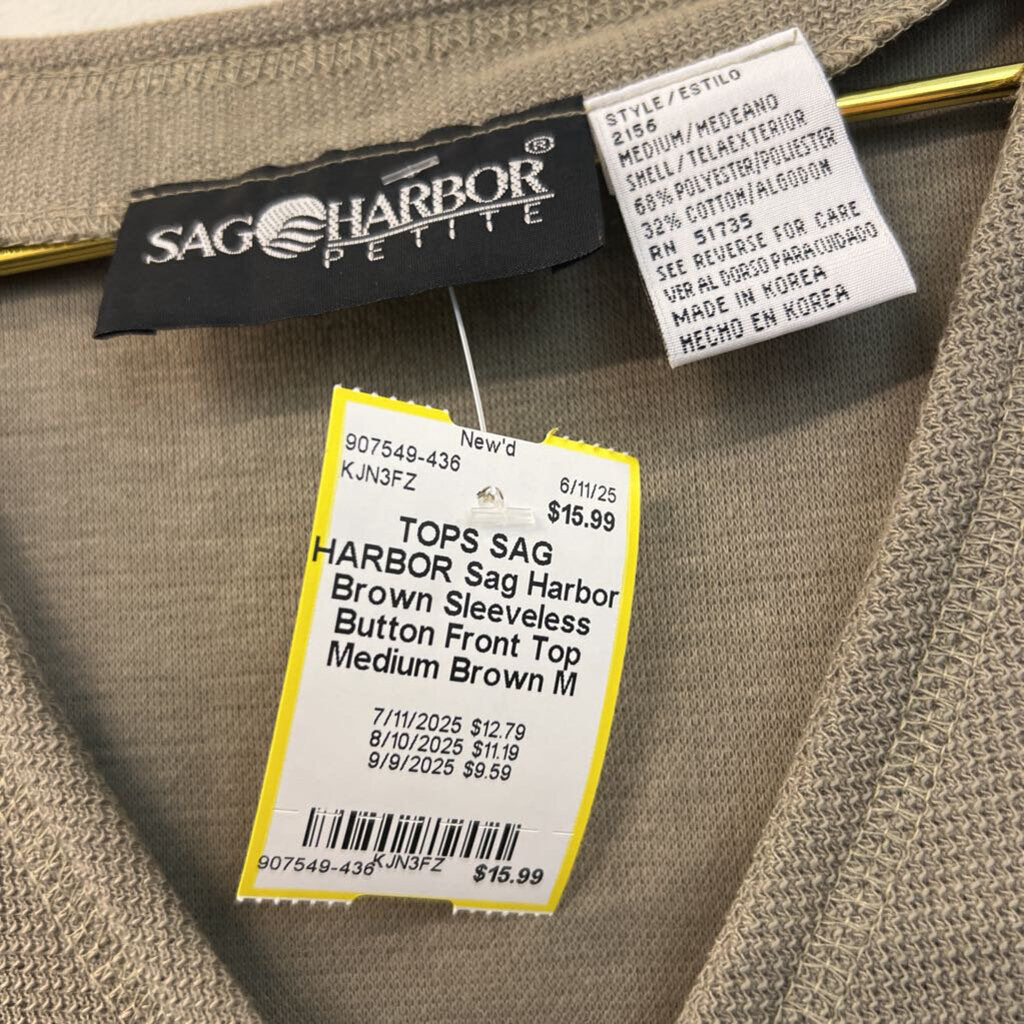 Sag Harbor Brown Sleeveless Button Front Top Medium