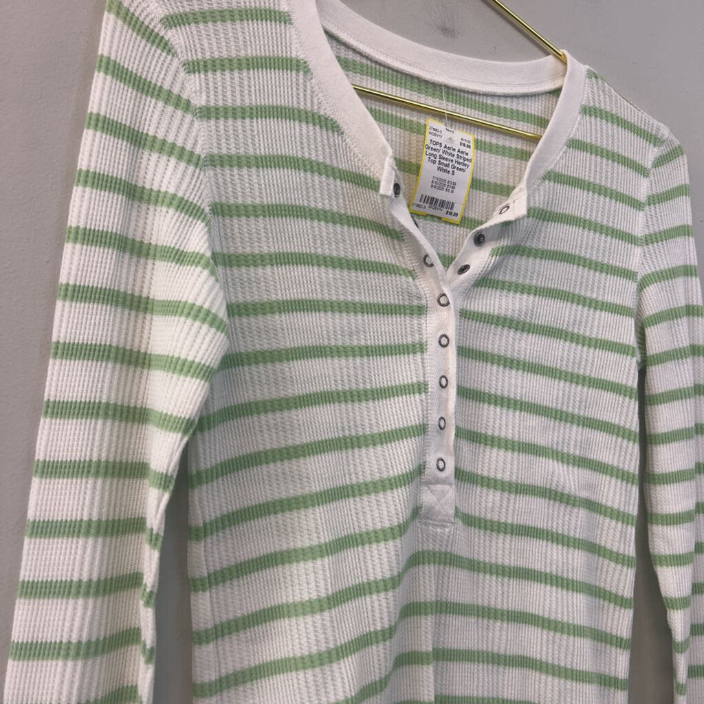 Aerie Green/ White Striped Long Sleeve Henley Top Small