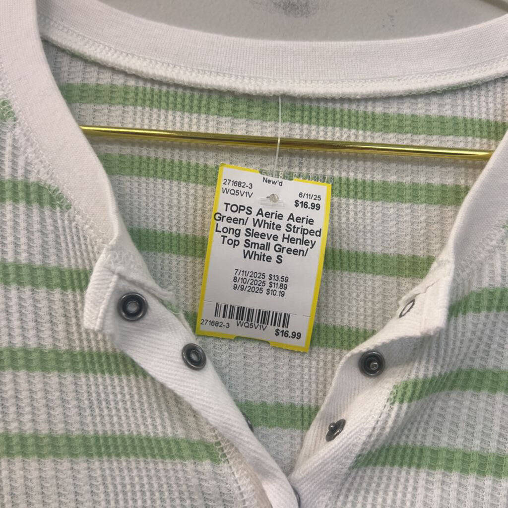 Aerie Green/ White Striped Long Sleeve Henley Top Small