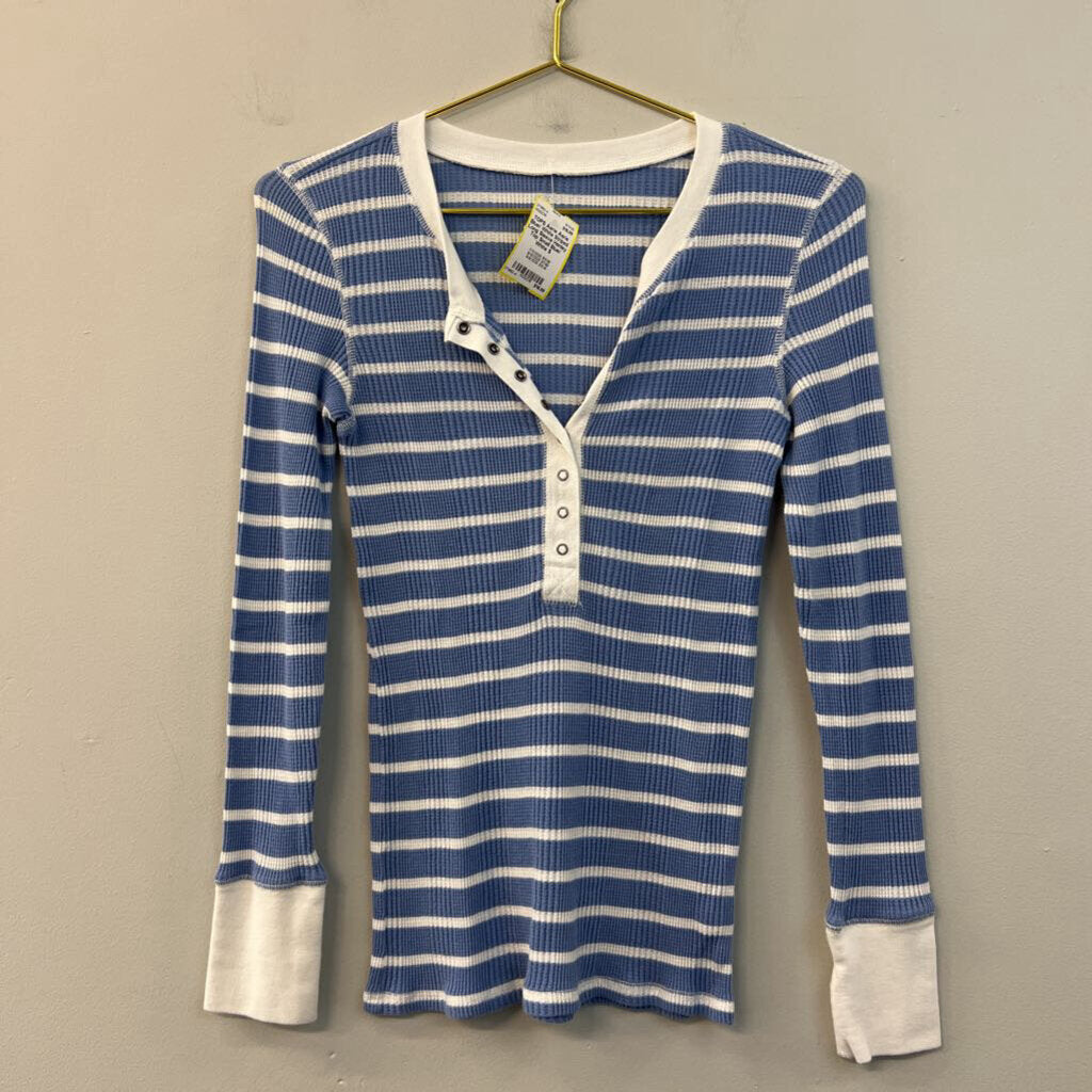 Aerie Blue/ White Striped Long Sleeve Henley Top Small