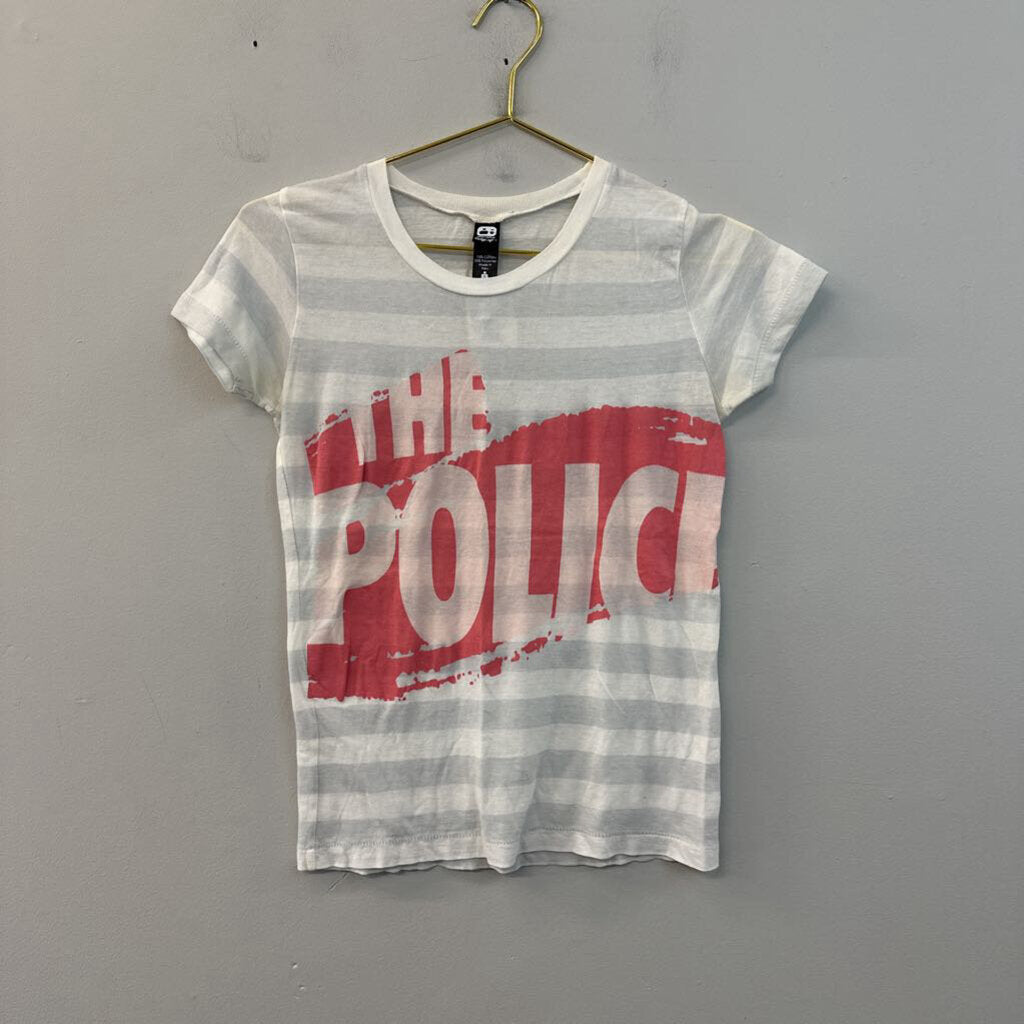 Alternative White/ Grey Striped The Police Short Sleeve Top Small