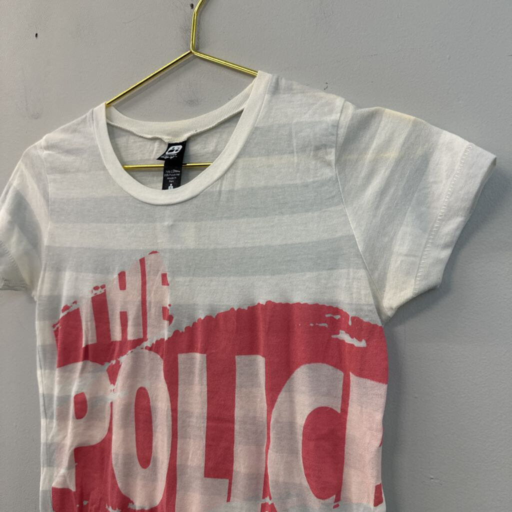 Alternative White/ Grey Striped The Police Short Sleeve Top Small