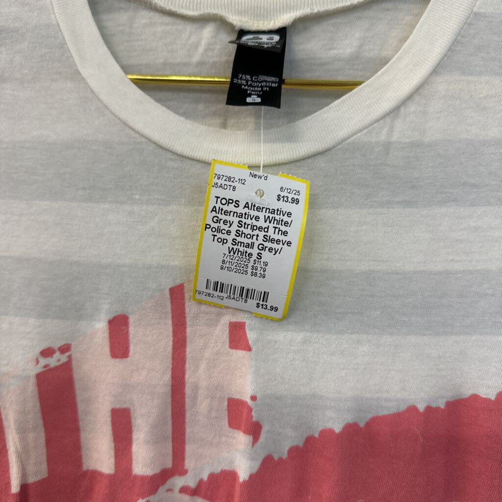 Alternative White/ Grey Striped The Police Short Sleeve Top Small