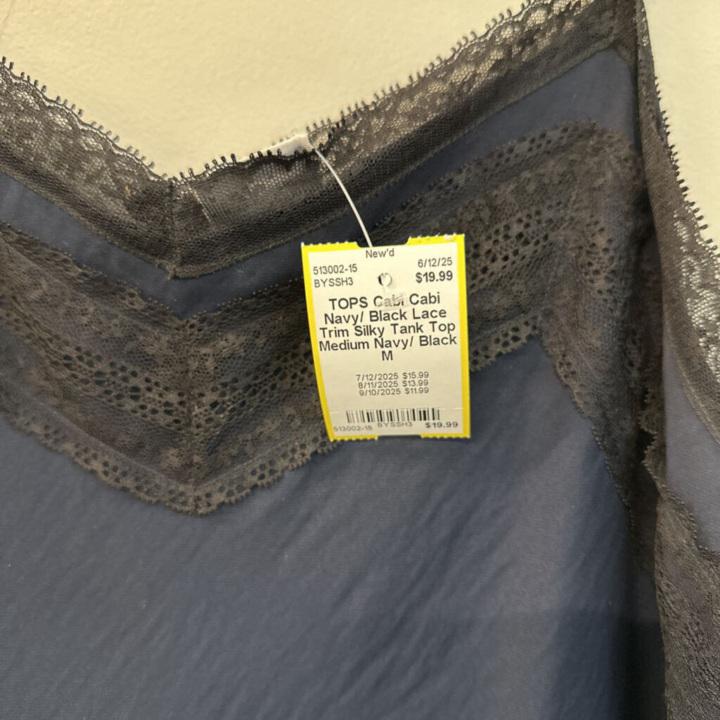 Cabi Navy/ Black Lace Trim Silky Tank Top Medium