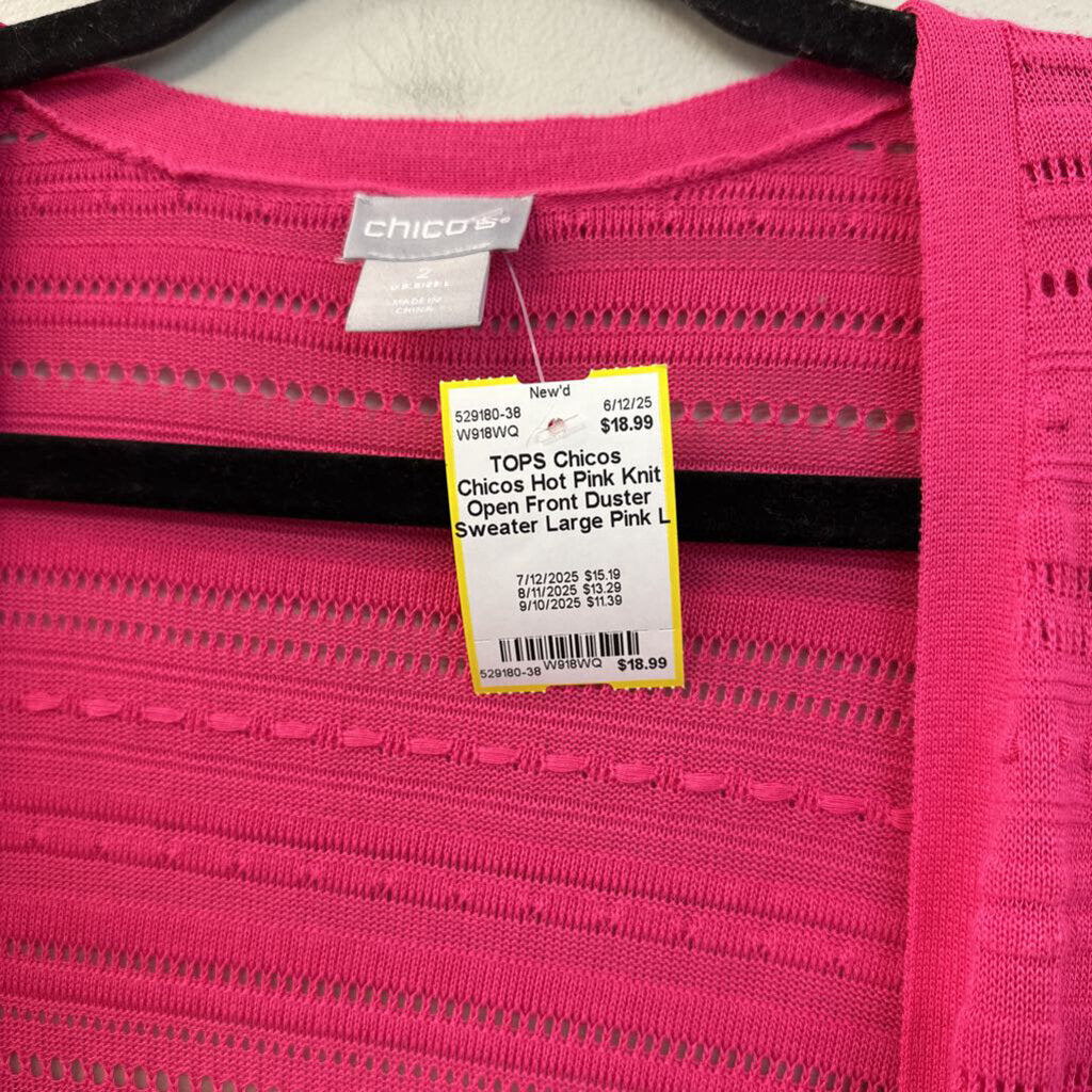 Chicos Hot Pink Knit Open Front Duster Sweater Large