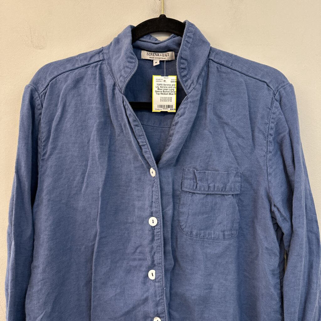 Serena and Lily Blue Linen Long Sleeve Button Down Top Medium