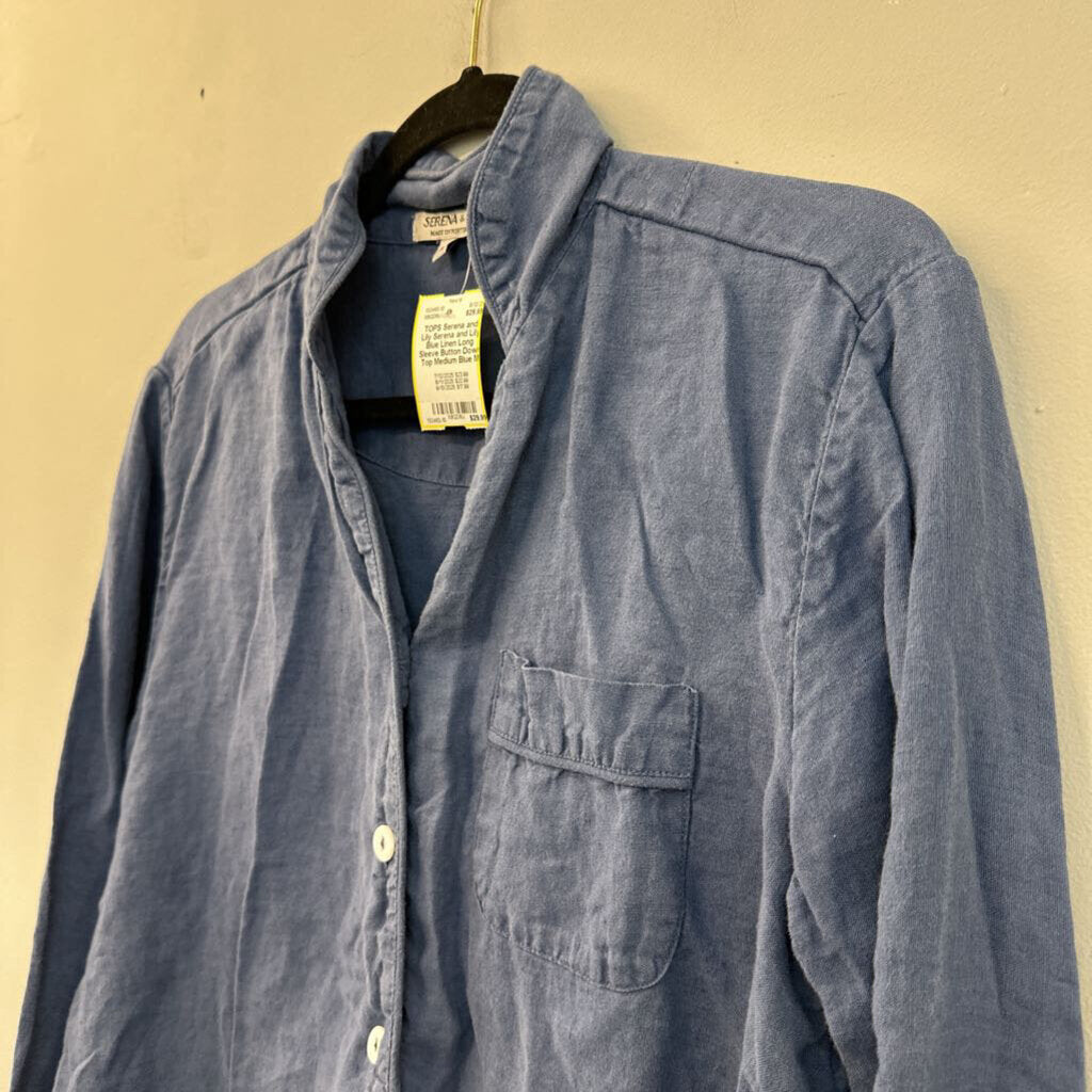 Serena and Lily Blue Linen Long Sleeve Button Down Top Medium