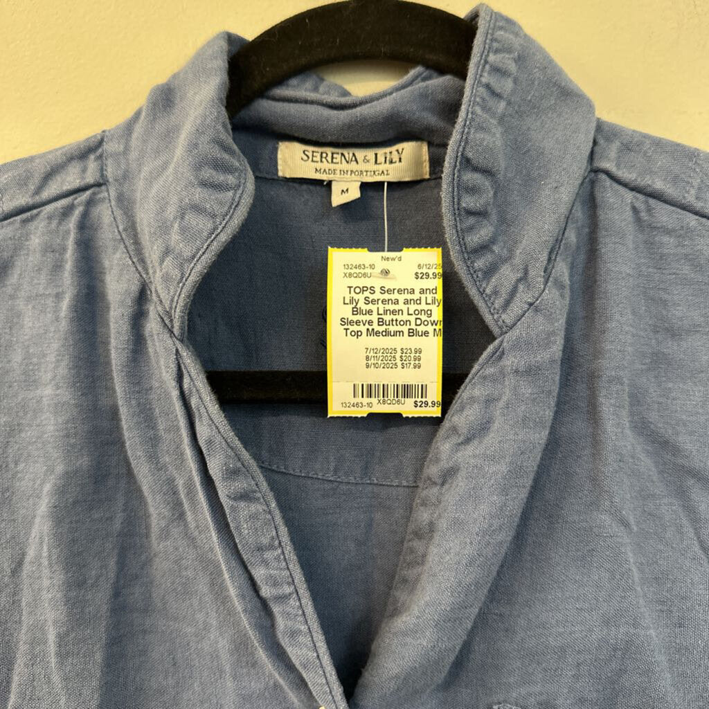 Serena and Lily Blue Linen Long Sleeve Button Down Top Medium