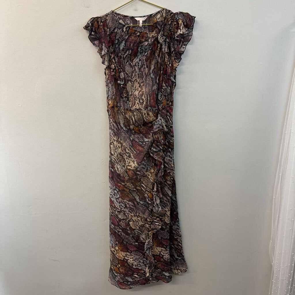 Rebecca Taylor Brown/ Multi Snakeskin Print Ruffle Short Sleeve Maxi Dress 10