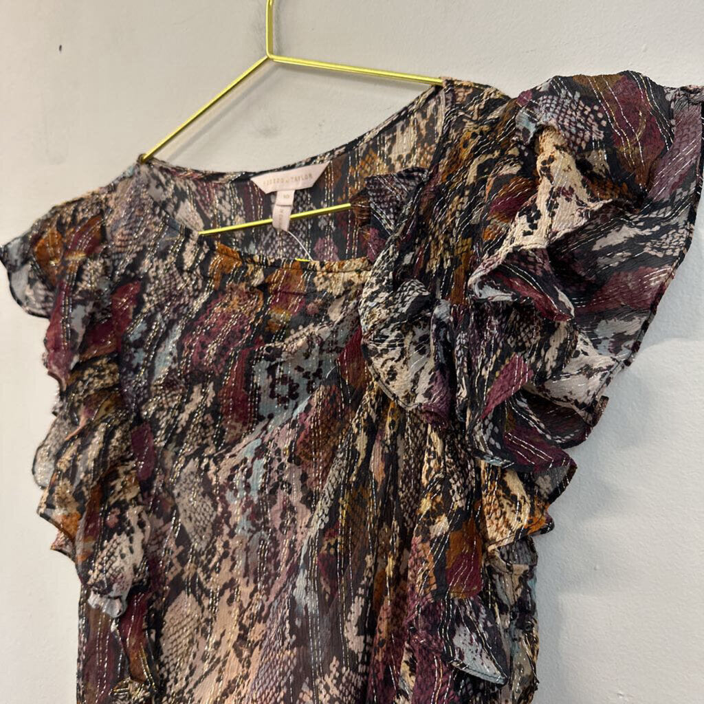 Rebecca Taylor Brown/ Multi Snakeskin Print Ruffle Short Sleeve Maxi Dress 10