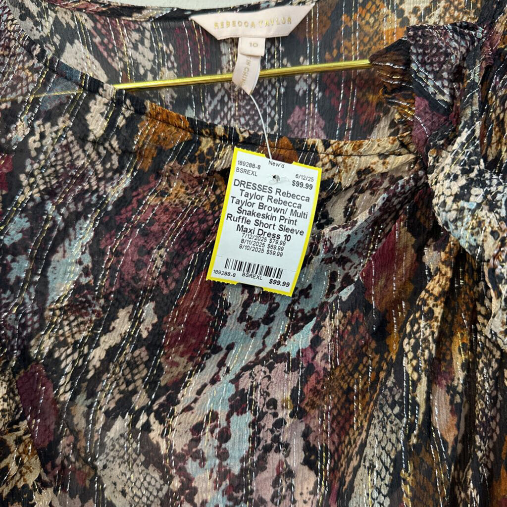 Rebecca Taylor Brown/ Multi Snakeskin Print Ruffle Short Sleeve Maxi Dress 10
