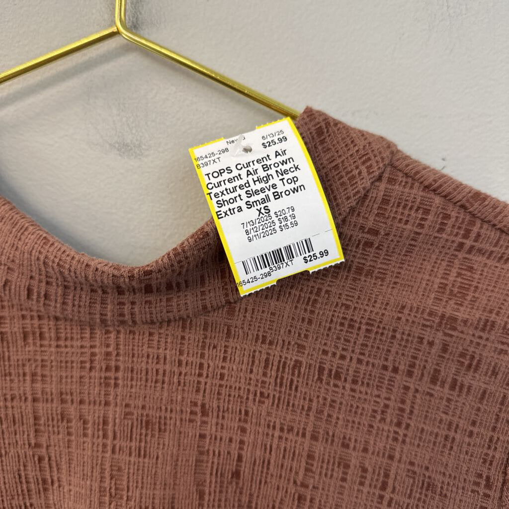 Current Air Brown Textured High Neck Short Sleeve Top Extra Small Anthropologie