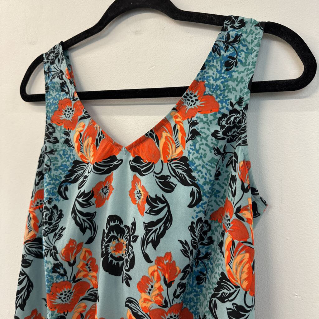 Cabi Blue/ Orange/ Black Print Tank Tie Back Dress Small
