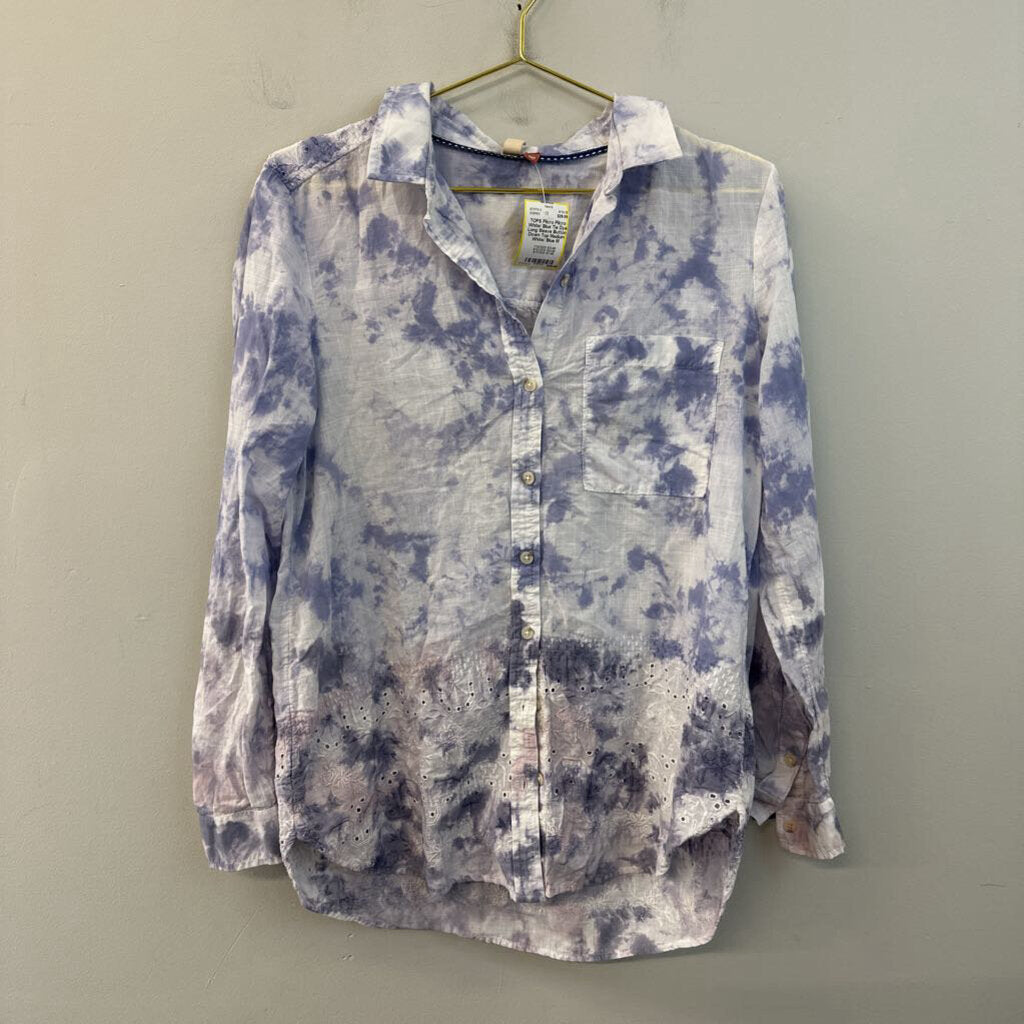 Pilcro White/ Blue Tie Dye Long Sleeve Button Down Top Medium Anthropologie