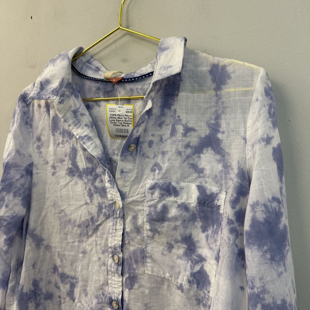 Pilcro White/ Blue Tie Dye Long Sleeve Button Down Top Medium Anthropologie
