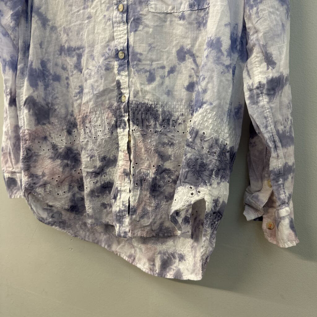 Pilcro White/ Blue Tie Dye Long Sleeve Button Down Top Medium Anthropologie