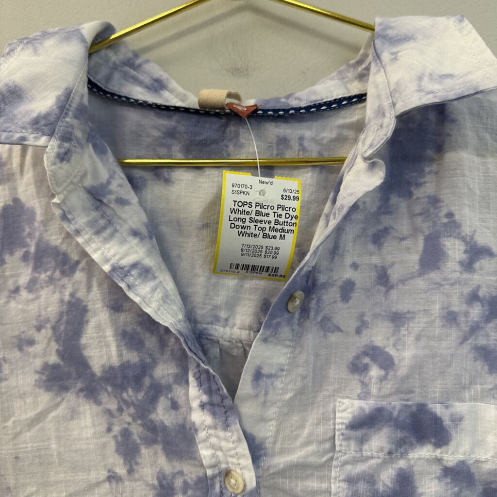 Pilcro White/ Blue Tie Dye Long Sleeve Button Down Top Medium Anthropologie