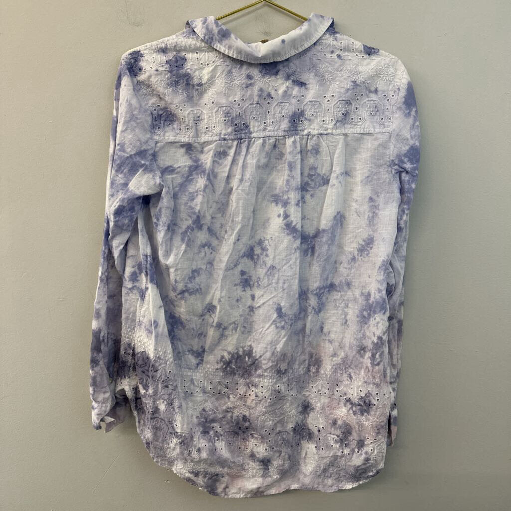 Pilcro White/ Blue Tie Dye Long Sleeve Button Down Top Medium Anthropologie