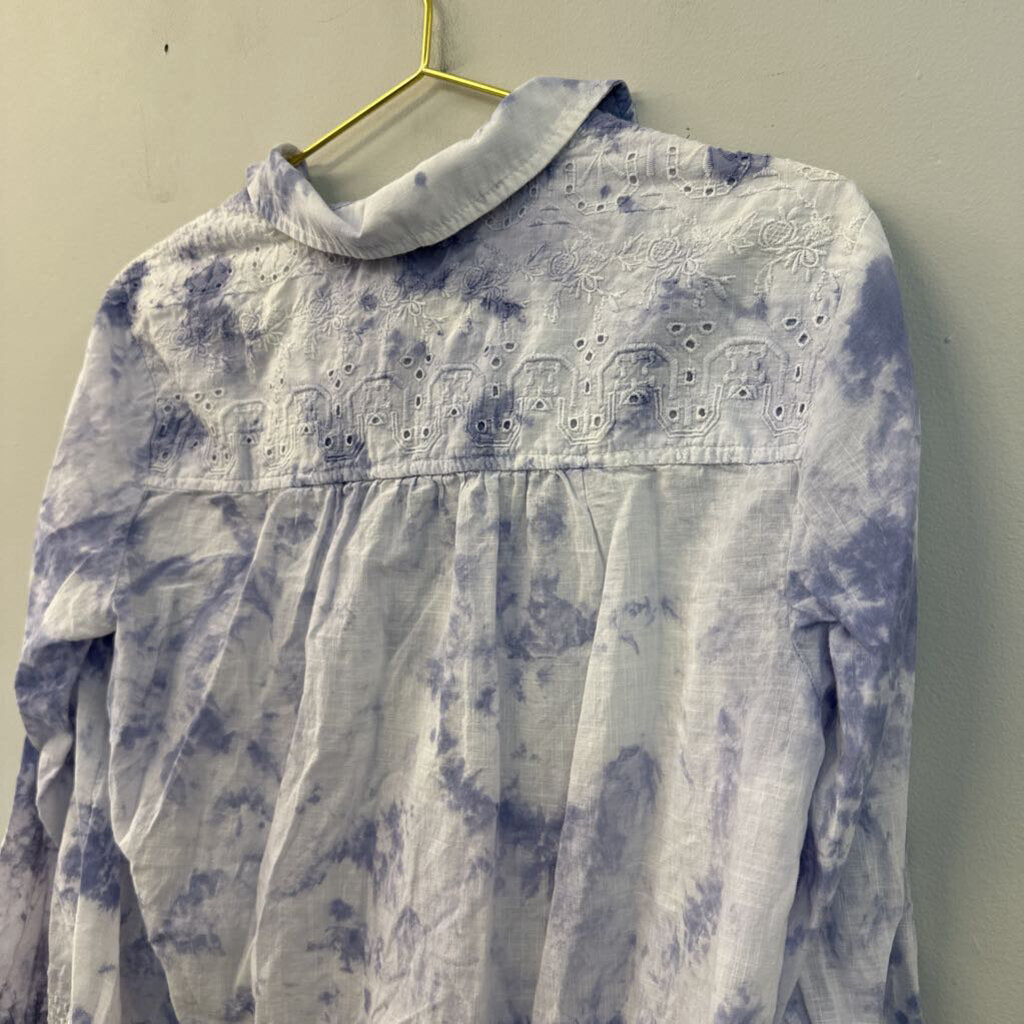 Pilcro White/ Blue Tie Dye Long Sleeve Button Down Top Medium Anthropologie