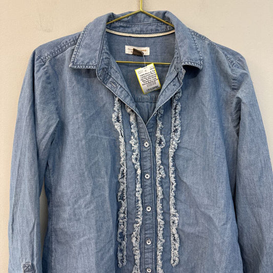 Pilcro and the Letterpress Blue Ruffle Detail Chambray Long Sleeve Button Down Top Small Anthropologie