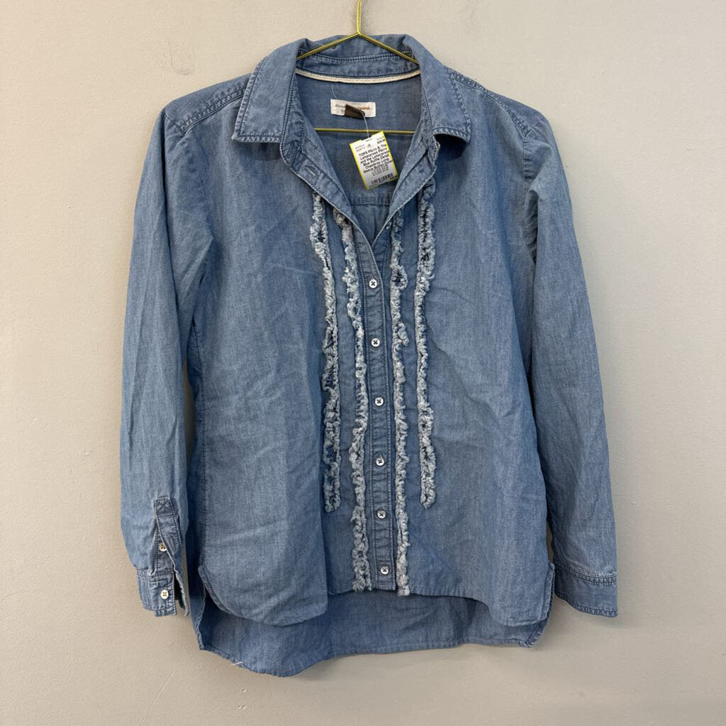 Pilcro and the Letterpress Blue Ruffle Detail Chambray Long Sleeve Button Down Top Small Anthropologie