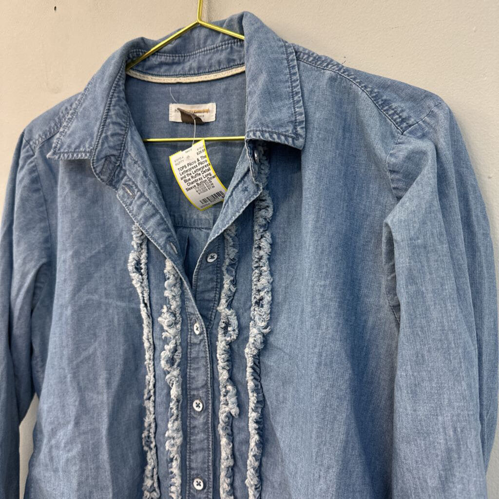 Pilcro and the Letterpress Blue Ruffle Detail Chambray Long Sleeve Button Down Top Small Anthropologie