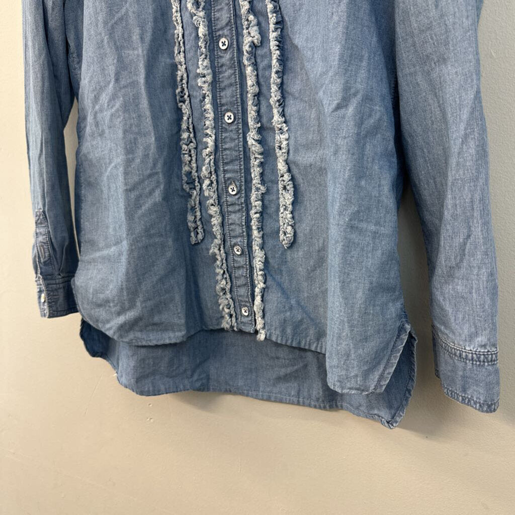 Pilcro and the Letterpress Blue Ruffle Detail Chambray Long Sleeve Button Down Top Small Anthropologie