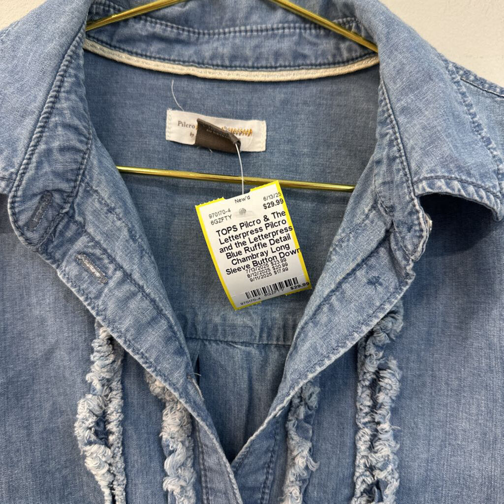 Pilcro and the Letterpress Blue Ruffle Detail Chambray Long Sleeve Button Down Top Small Anthropologie