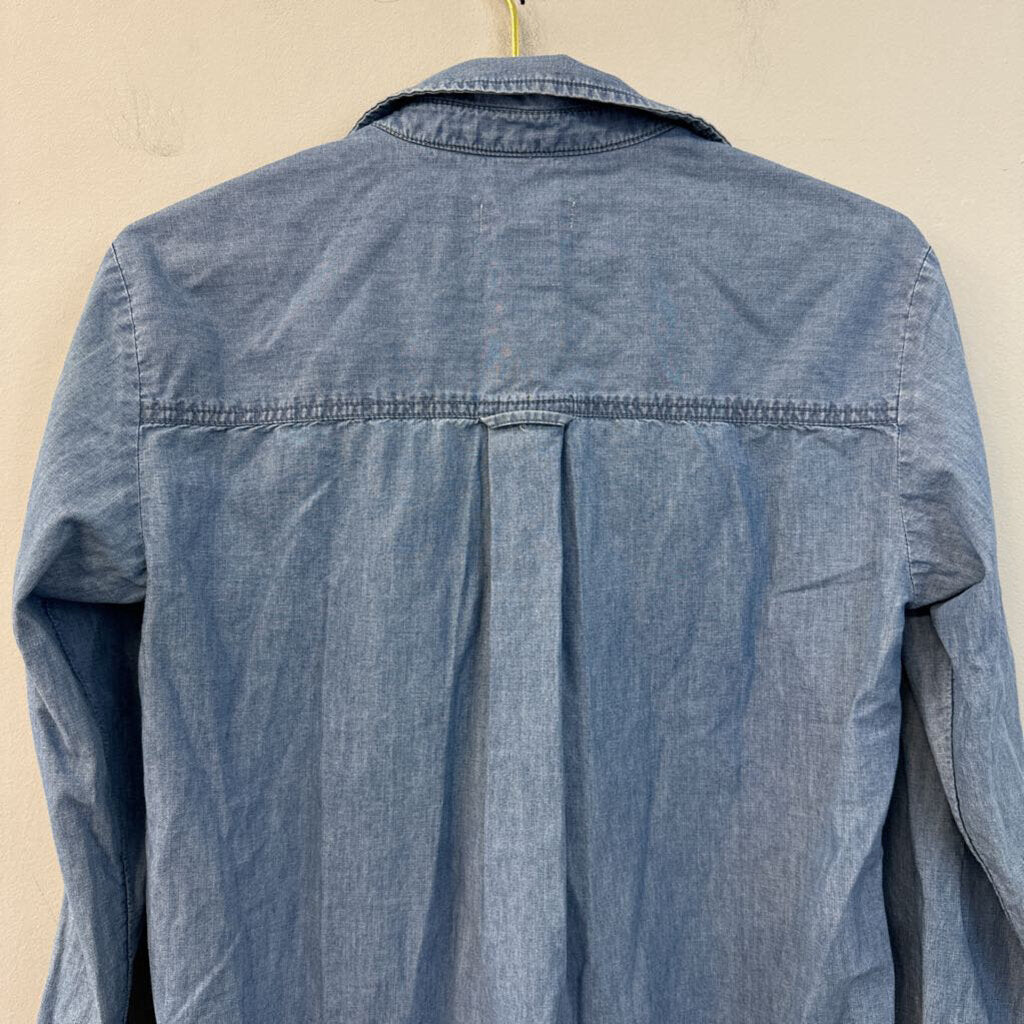 Pilcro and the Letterpress Blue Ruffle Detail Chambray Long Sleeve Button Down Top Small Anthropologie