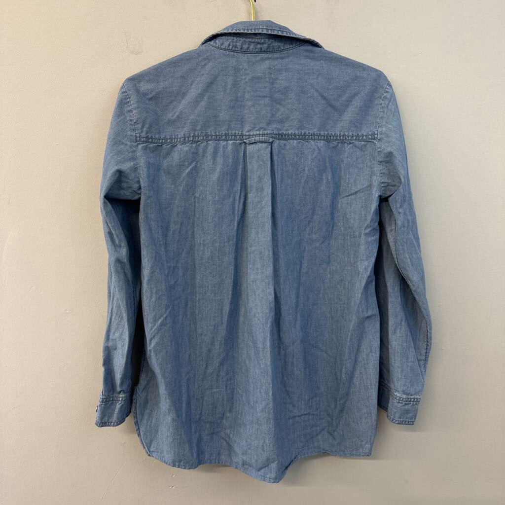 Pilcro and the Letterpress Blue Ruffle Detail Chambray Long Sleeve Button Down Top Small Anthropologie