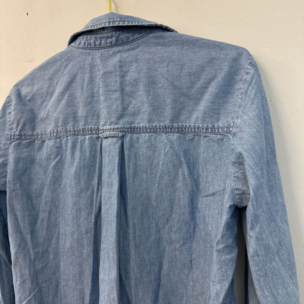 Pilcro and the Letterpress Blue Ruffle Detail Chambray Long Sleeve Button Down Top Small Anthropologie