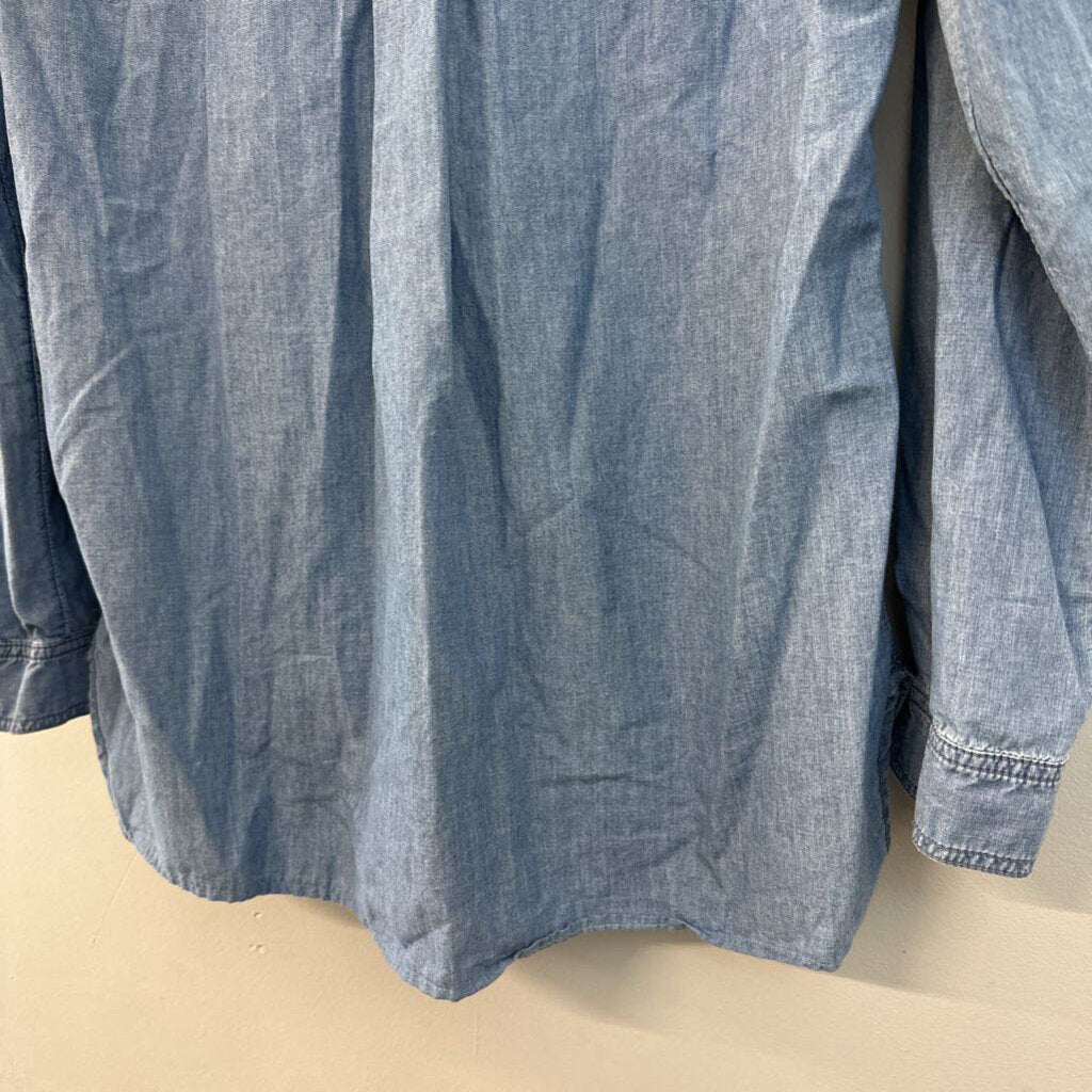 Pilcro and the Letterpress Blue Ruffle Detail Chambray Long Sleeve Button Down Top Small Anthropologie