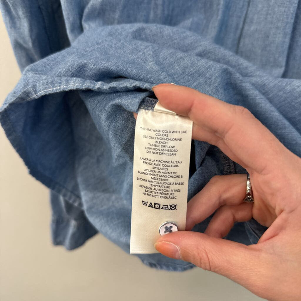 Pilcro and the Letterpress Blue Ruffle Detail Chambray Long Sleeve Button Down Top Small Anthropologie
