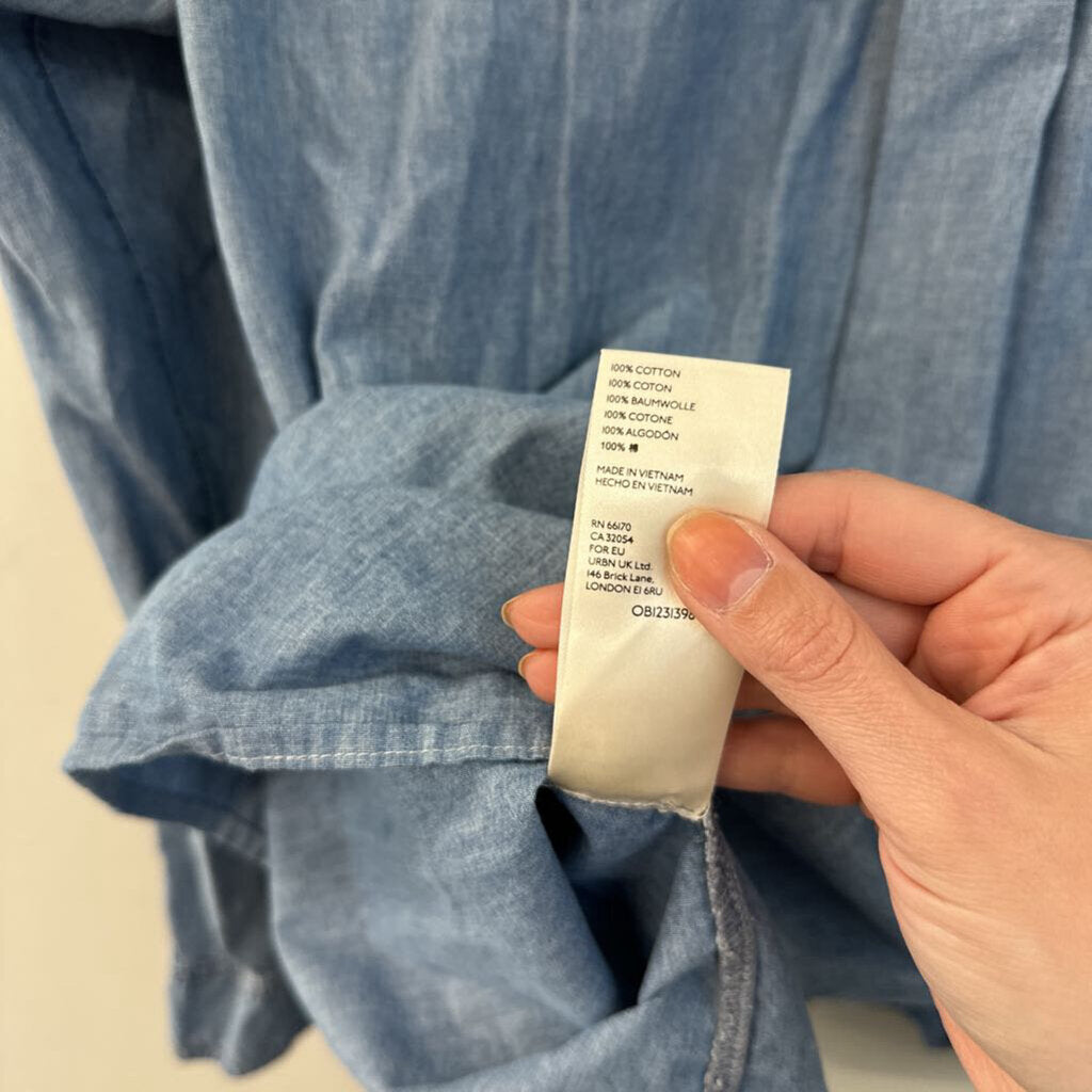 Pilcro and the Letterpress Blue Ruffle Detail Chambray Long Sleeve Button Down Top Small Anthropologie