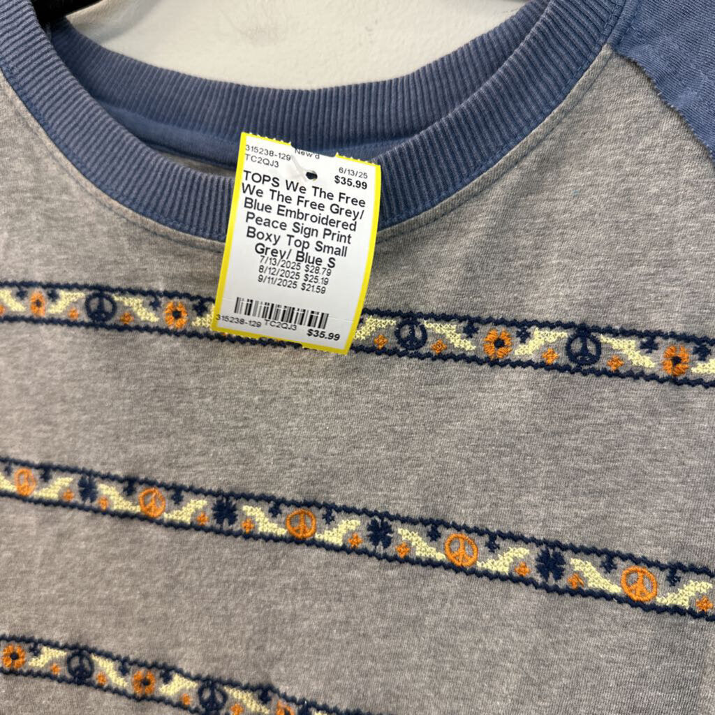 We The Free Grey/ Blue Embroidered Peace Sign Print Boxy Top Small