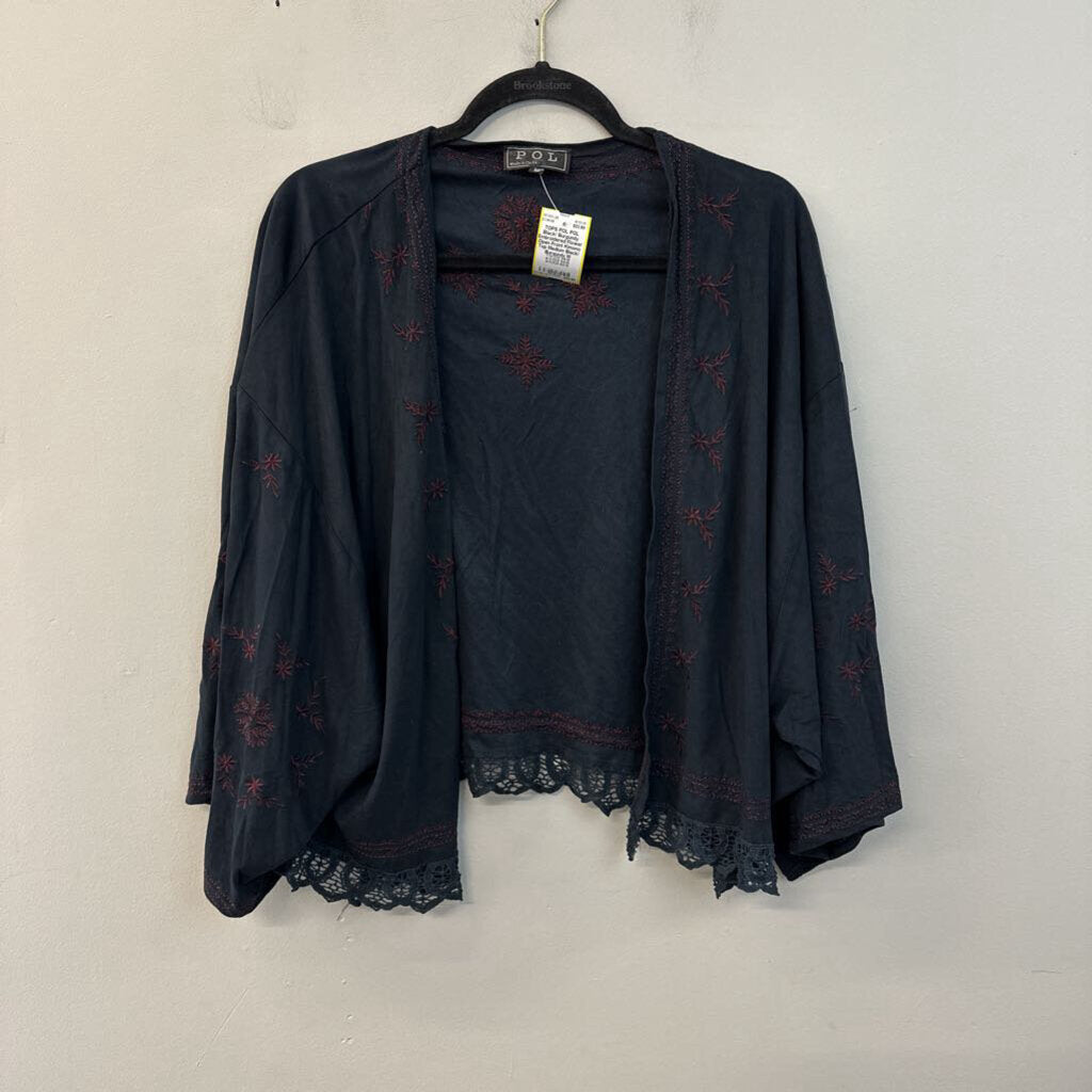POL Black/ Burgundy Embroidered Flower Open Front Kimono Top Medium