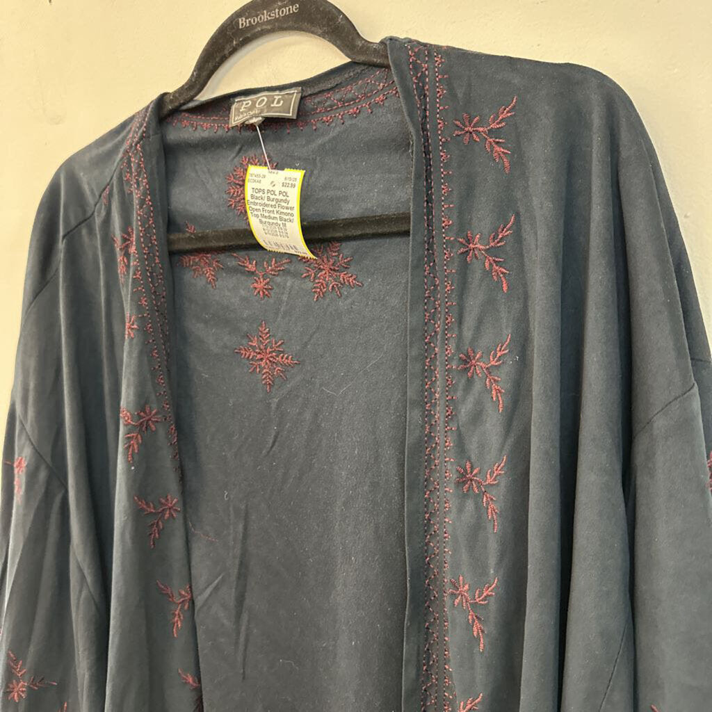 POL Black/ Burgundy Embroidered Flower Open Front Kimono Top Medium