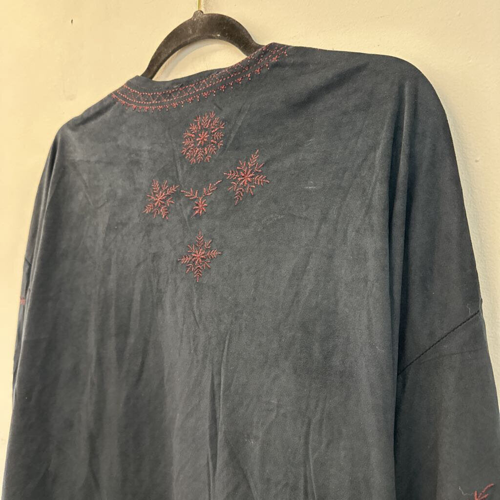 POL Black/ Burgundy Embroidered Flower Open Front Kimono Top Medium