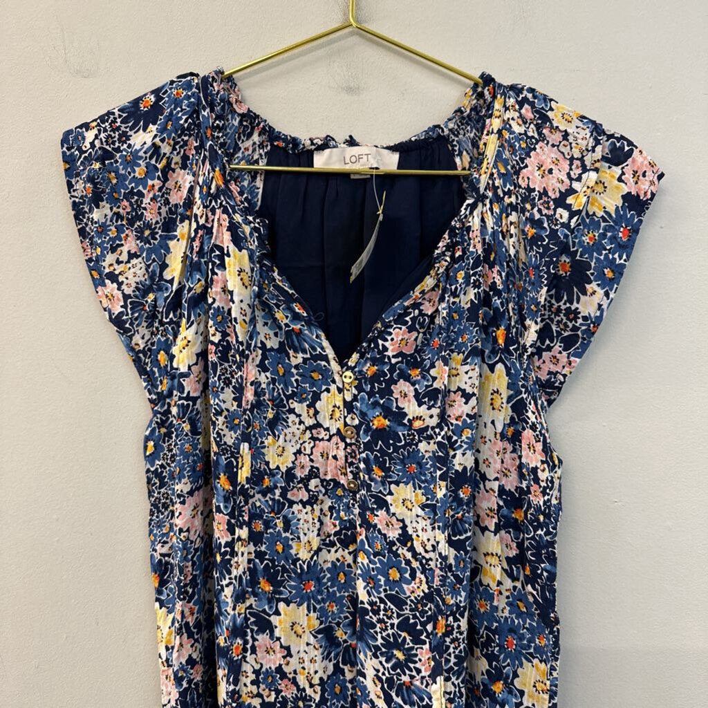 Loft Blue/ Multi Flower Print Short Sleeve Top Small