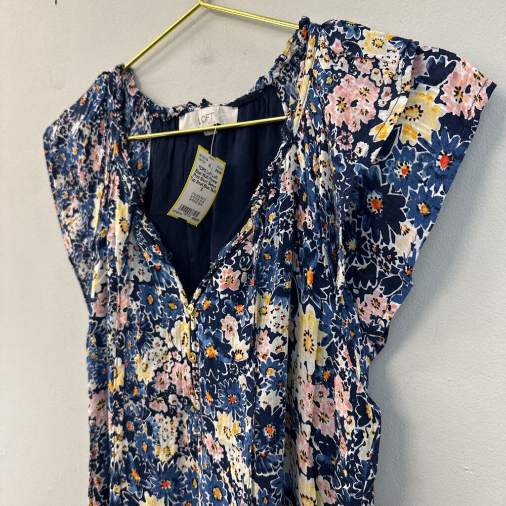 Loft Blue/ Multi Flower Print Short Sleeve Top Small